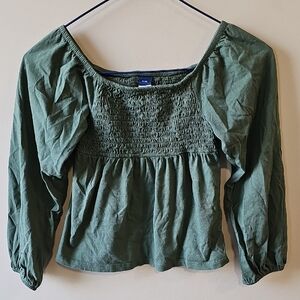 Old Navy Medium (8) Olive Green Smocked Square-Neck Blouse